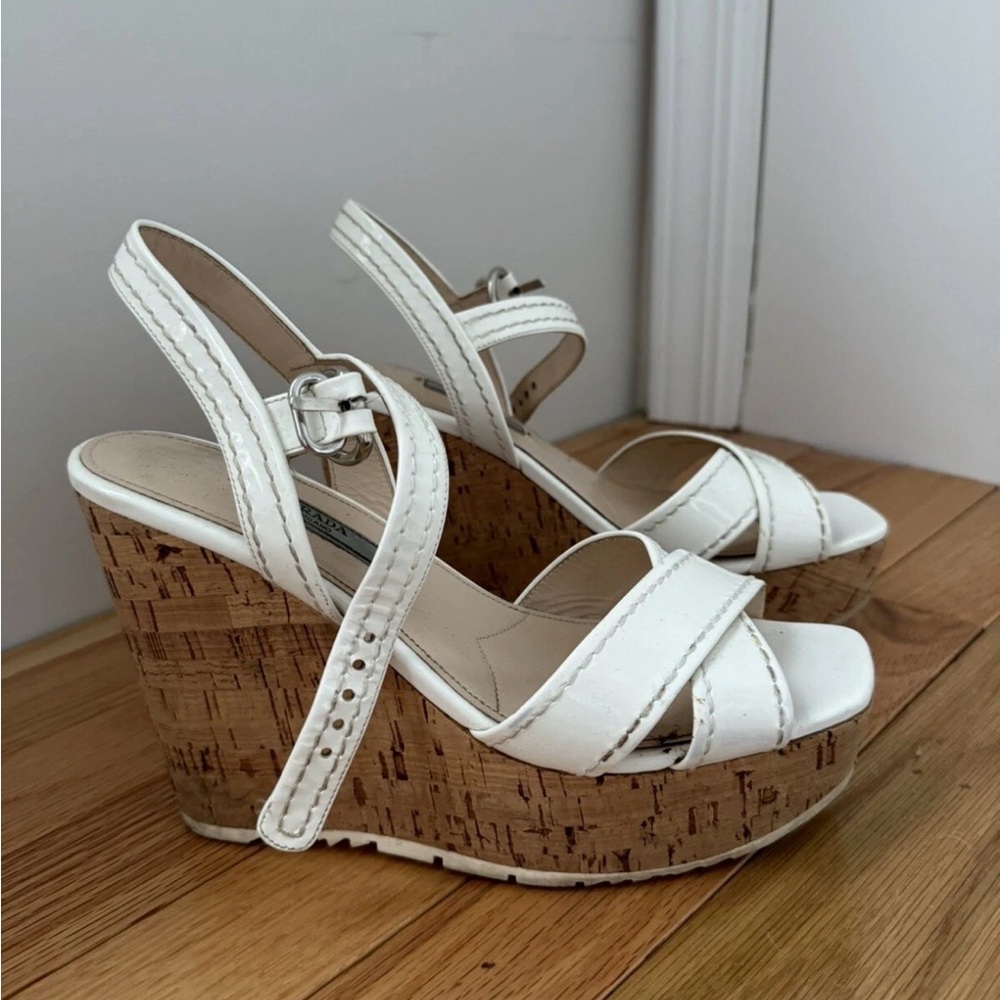 Prada White/Bianco Cork Donna Patent Leather Wedge Sandals Size 8.5